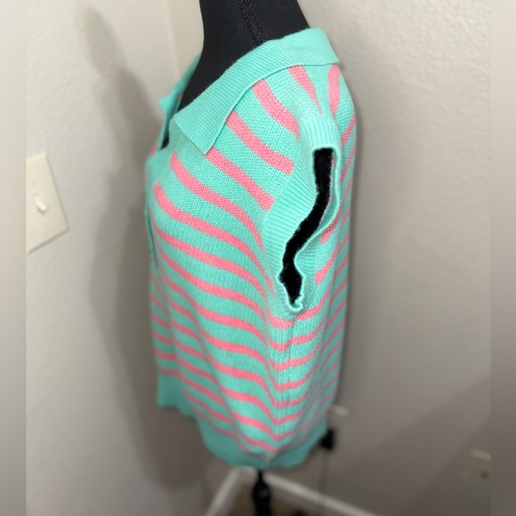 BIBI‎ Turquoise & Pink Striped Henley Sleeveless Sweater Top With Buttons - Picture 4 of 7